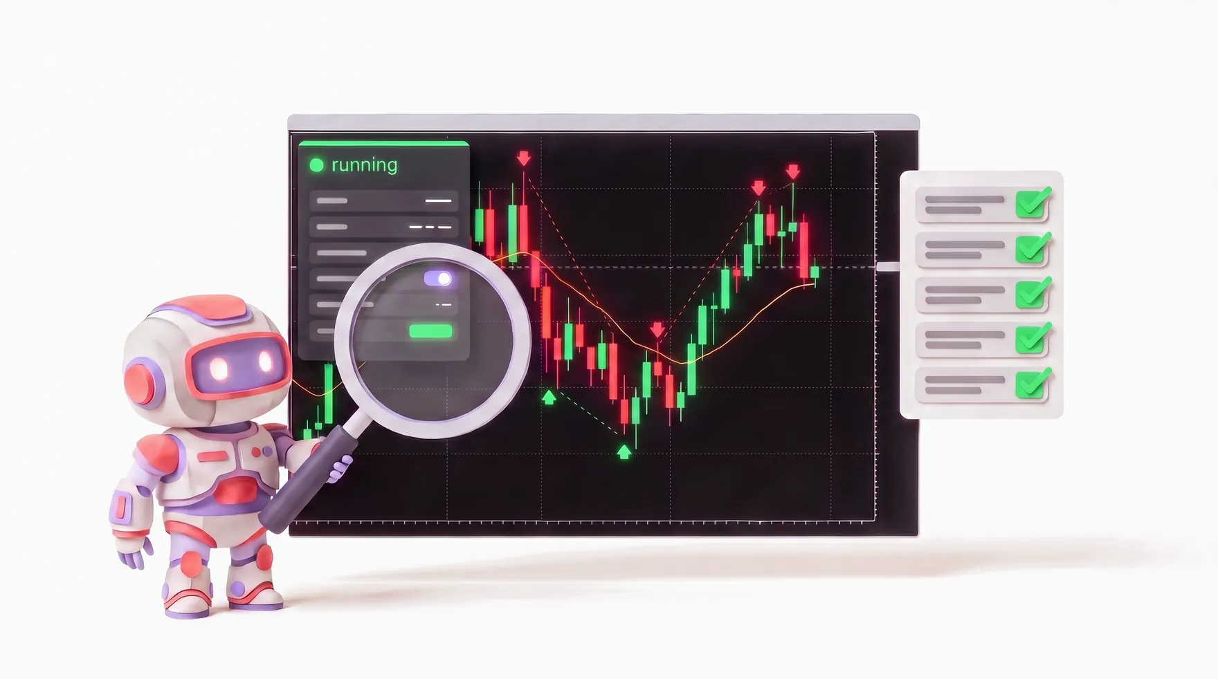 A robot inspects a trading chart through a magnifying glass, trade markers on past candles, beside a checklist where every rule is ticked.