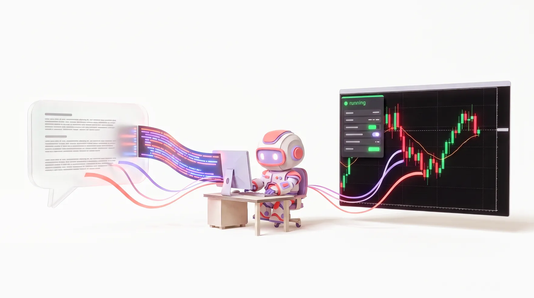 A robot at a small desk turns a chat bubble into code, and the program appears running on a live trading chart.