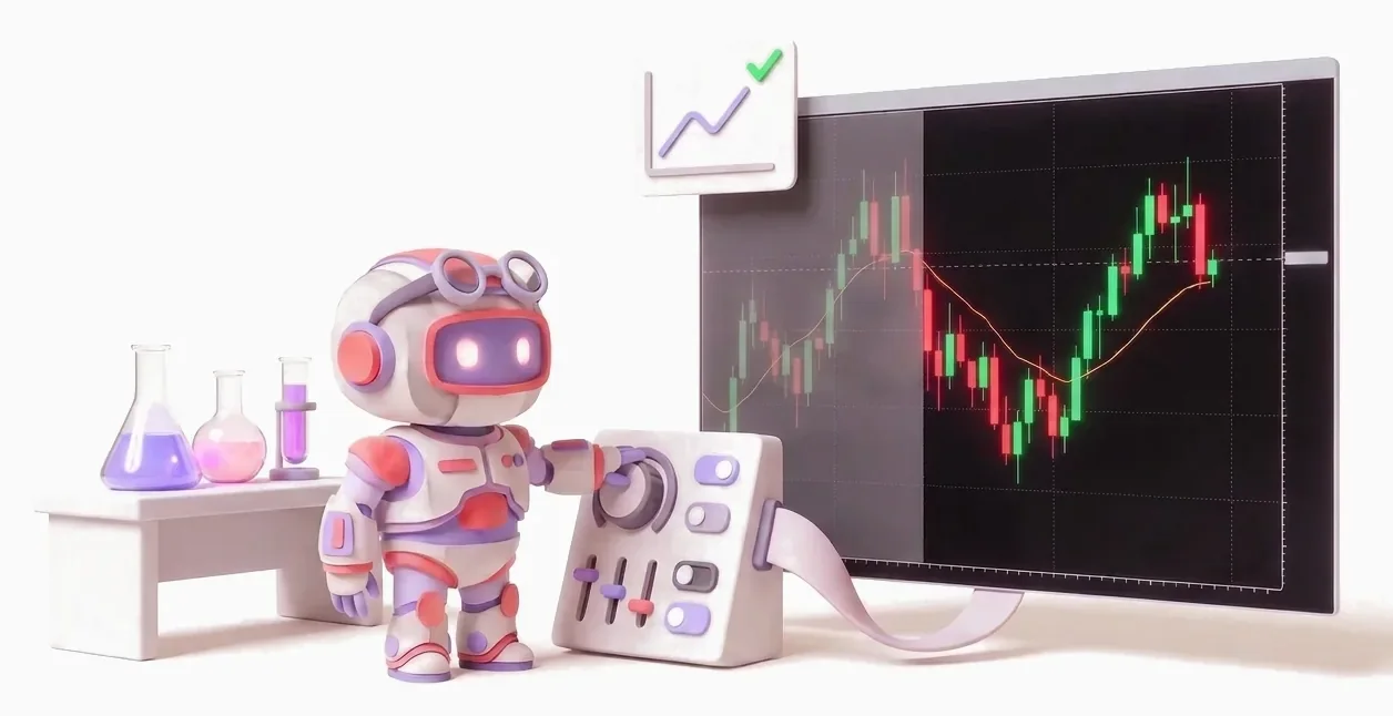 A small robot in a tiny lab turns a dial on a control panel next to a chart of past prices, with flasks on the bench beside it