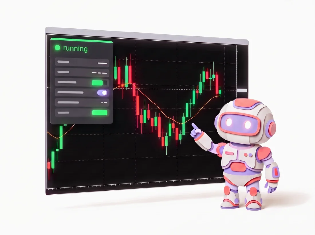 A friendly robot pointing at a live trading chart, where a program panel marked running is at work.